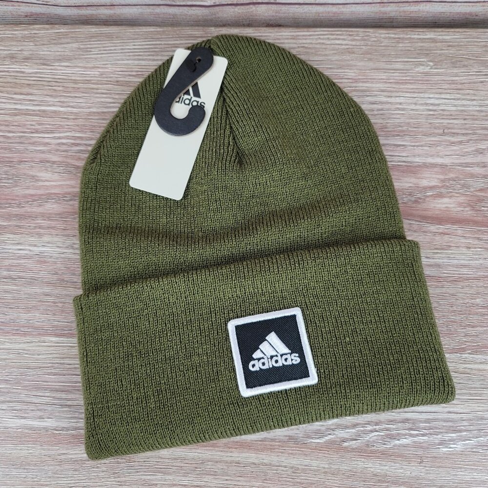 NEW Adidas Wide Cuff Fold Olive Green Beanie Men's One Size Knit Cuffed Hat Cap